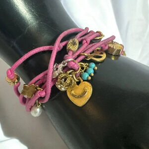 Juicy Couture Y2K Multi Strand Charm Bracelet, Pink Cord and Gold Mini Charms